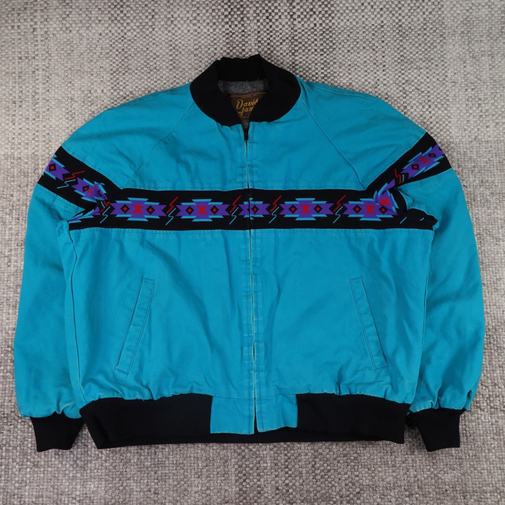 Vintage Davis James Southwestern Bomber Jacket Turquoise Made in USA Mens XL